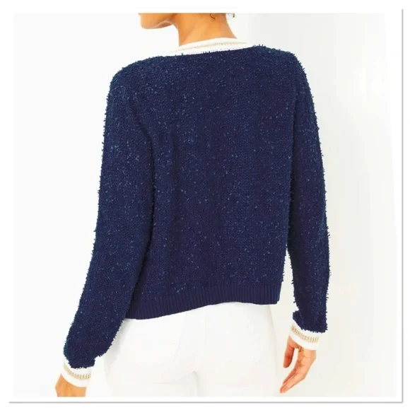 LILLY PULITZER Nalayna Cardigan Navy Blue Gold Cream Long Sleeve size Med - Picture 2 of 4